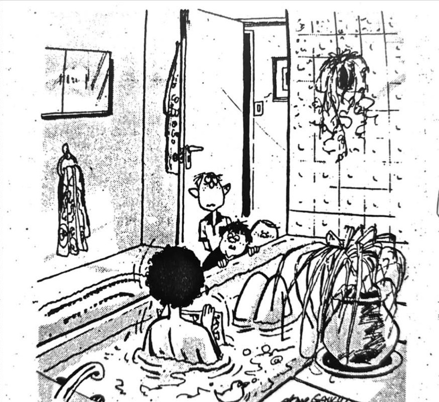 Cartoon accompanying the column: A woman up to her shoulders in the bath, her back to us, and two children peering round the bathroom door. A dressing gown on a hook, a hanging plant and a rubber duck.