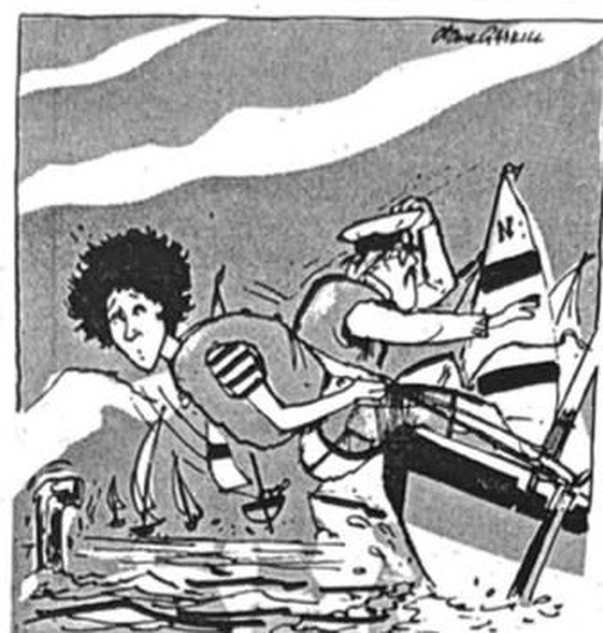 Cartoon accompanying the column: Carol hoisted out over the water by the seat of her swimming costume, the skipper saluting in a peaked cap beside a small dinghy; a bath tap runs into the water at the left.