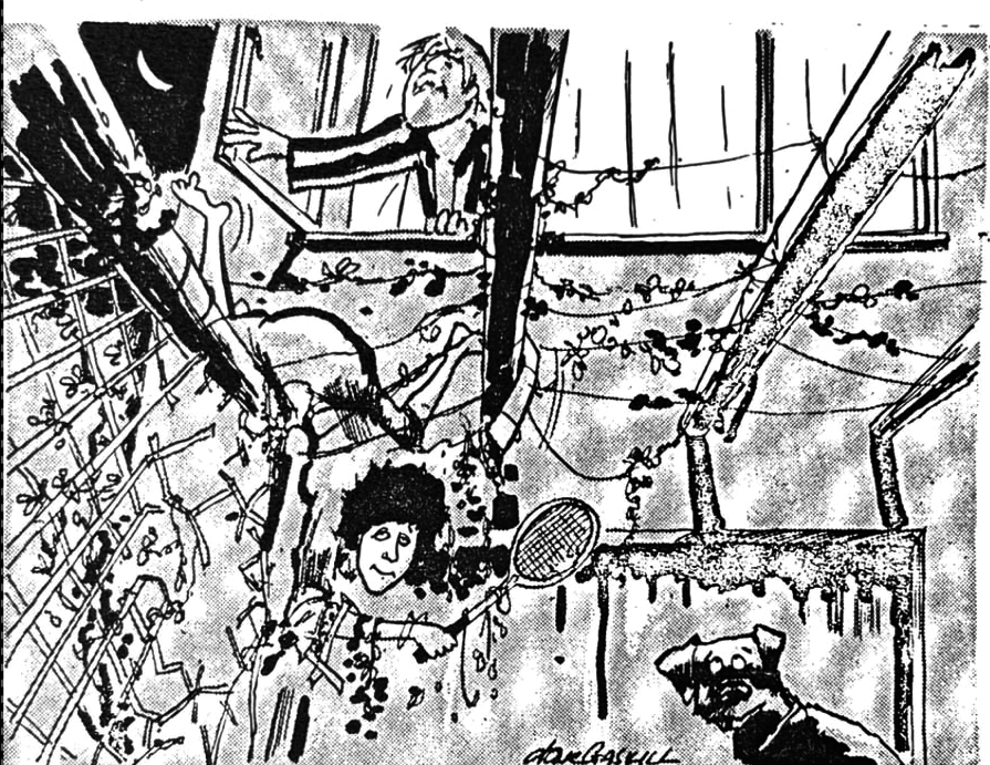 Cartoon accompanying the column: Carol flat on her back in the dark with a tennis racket, the window open on a crescent moon, a child leaning in at the sill and the dog watching from the foot of the bed.