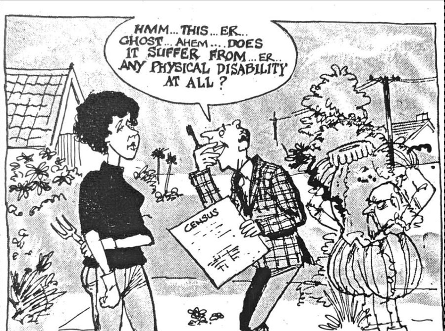 Cartoon accompanying the column: HMM...THIS...ER...GHOST...AHEM....DOES IT SUFFER FROM...ER...ANY PHYSICAL DISABILITY AT ALL?