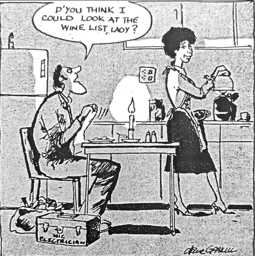 Cartoon accompanying the column: D'YOU THINK I COULD LOOK AT THE WINE LIST, LADY?