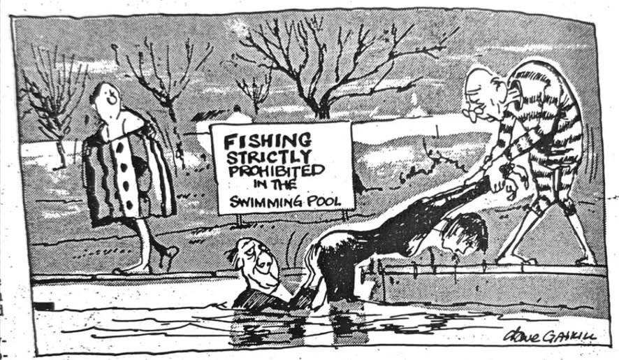 Cartoon accompanying the column: FISHING STRICTLY PROHIBITED IN THE SWIMMING POOL