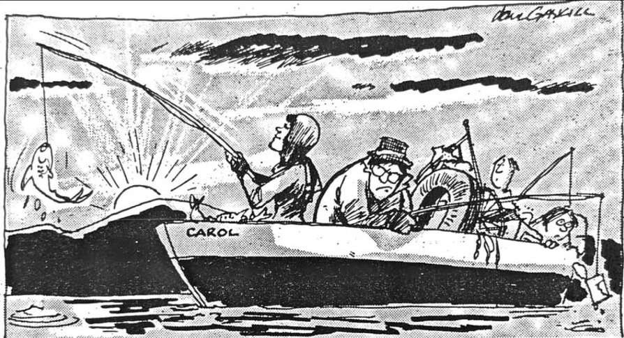 Cartoon accompanying the column: A dinghy named CAROL at sunrise, the husband casting from the bow with the family hunched behind him, and a mermaid sitting on a rock in the distance, fishing.