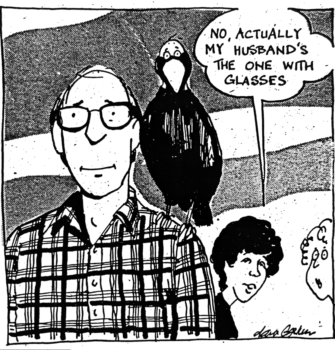 Cartoon accompanying the column: "No, actually my husband's the one with glasses."