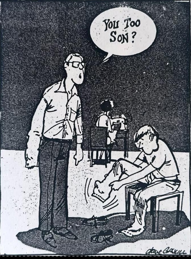 Cartoon accompanying the column: YOU TOO SON?