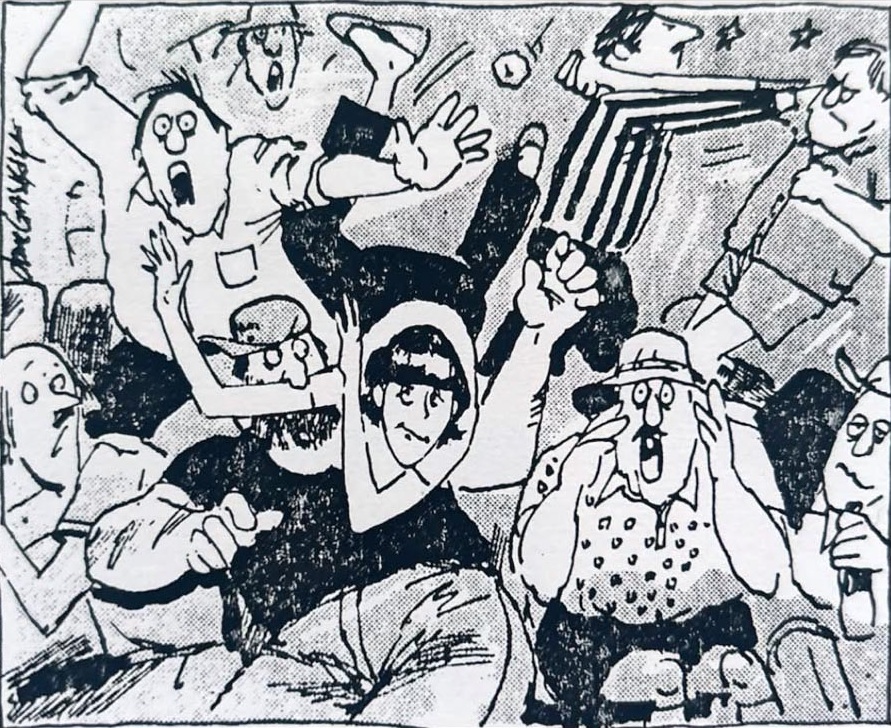 Cartoon accompanying the column: The crowd at Loftus and not the game: a man in a striped scarf with his fist up, a woman with her hands over her mouth, stars where somebody has been caught by an elbow.