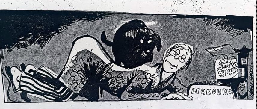 Cartoon accompanying the column: A long strip across the top of the page: a girl stretched out reading, and at the end of it the labrador's bowl marked LIQUORICE.