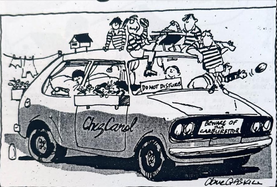Cartoon accompanying the column: The family car got up as a house: washing on a line beside it, a bird box on a pole, children all over the roof, and a DO NOT DISTURB sign propped in the windscreen.