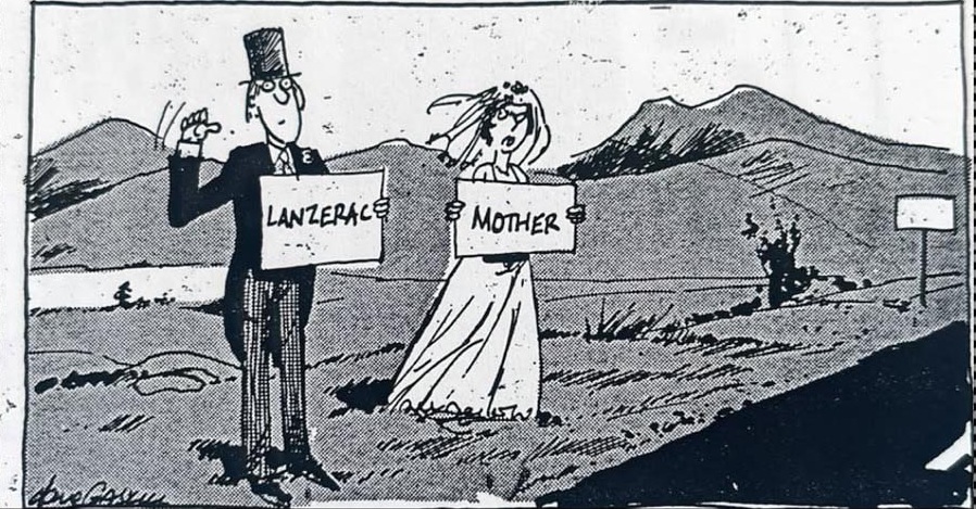 Cartoon accompanying the column: A bridegroom in a top hat and a bride in her gown, hitching at the roadside in the mountains. His card reads LANZERAC. Hers reads MOTHER.