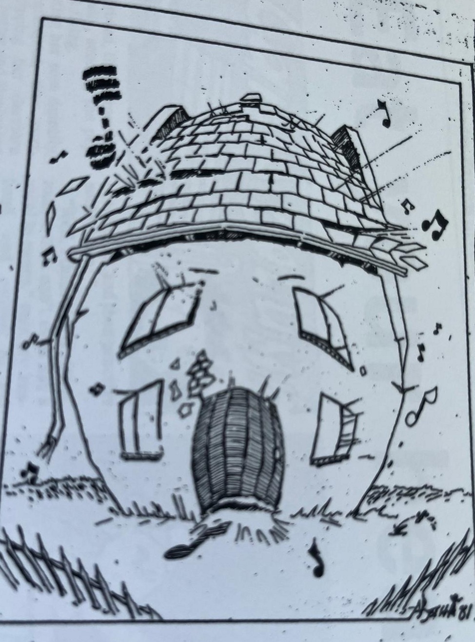 Cartoon accompanying the column: A house with a domed tiled roof, the tiles lifting off one side and the shutters flung open, music notes streaming out of every gap into the garden.