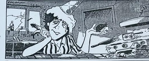 Cartoon accompanying the column: A woman propped on one elbow at a kitchen counter, chin in her hand, with a window behind her, a bird standing among the clutter and pans and crockery spread the length of the counter.