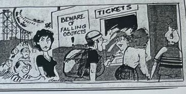 Cartoon accompanying the column: A roller coaster at a fairground under a BEWARE OF FALLING OBJECTS sign, its riders upside down and losing their possessions, with a TICKETS booth beside it.
