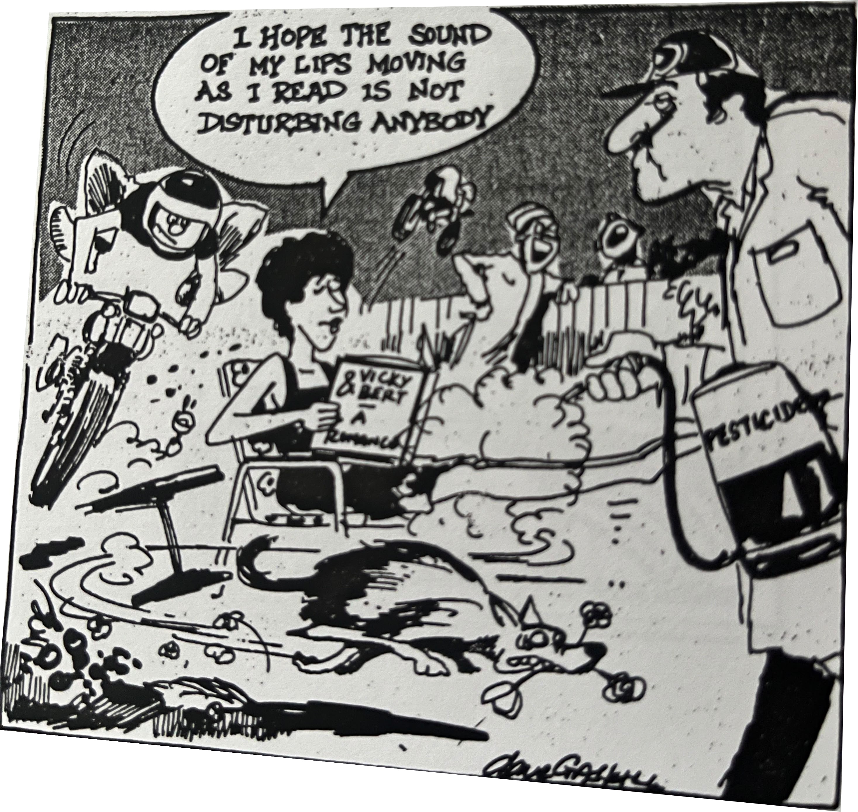 Cartoon accompanying the column: I hope the sound of my lips moving as I read is not disturbing anybody