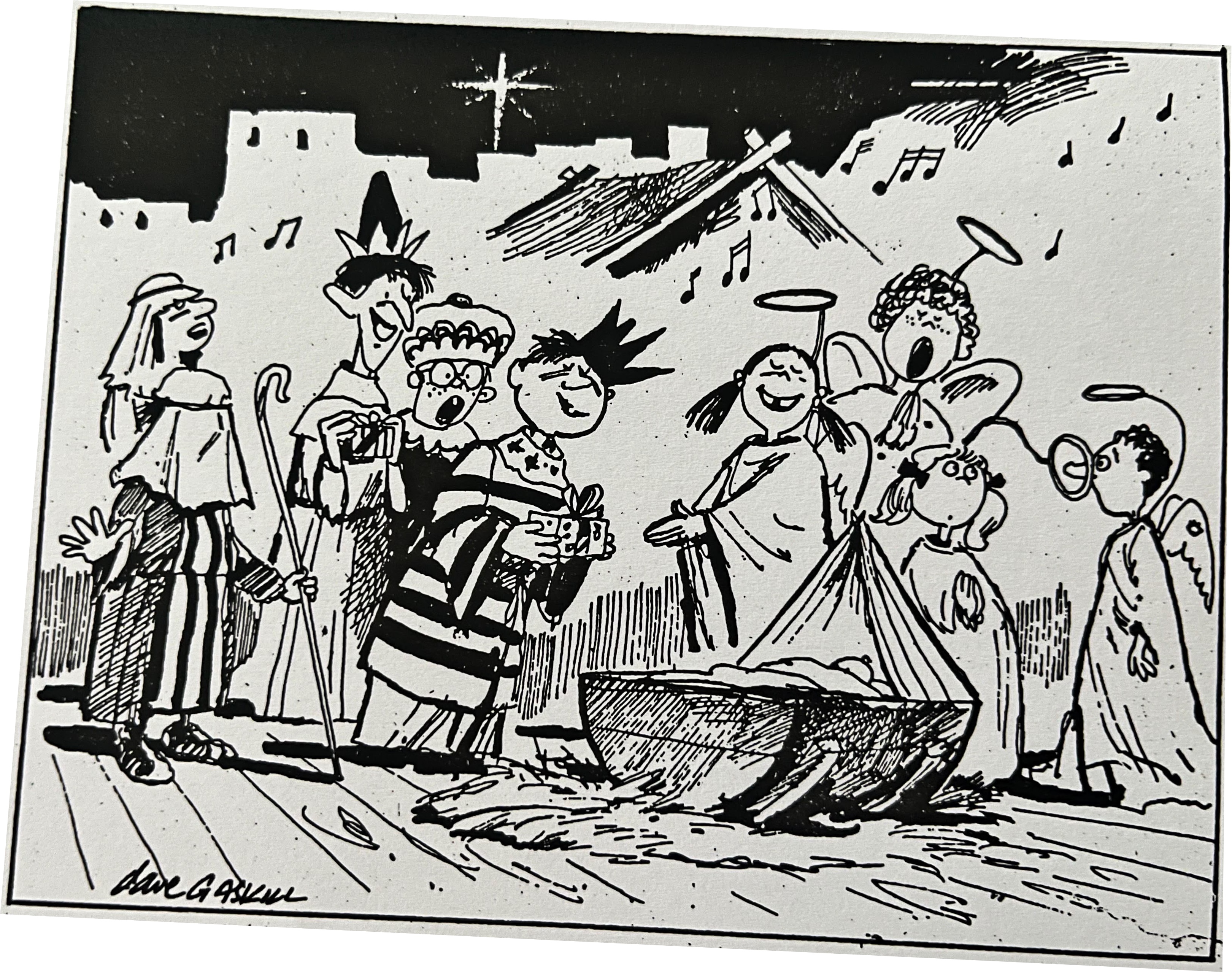 Cartoon accompanying the column: Children dressed as shepherds, kings and angels sing around a manger.