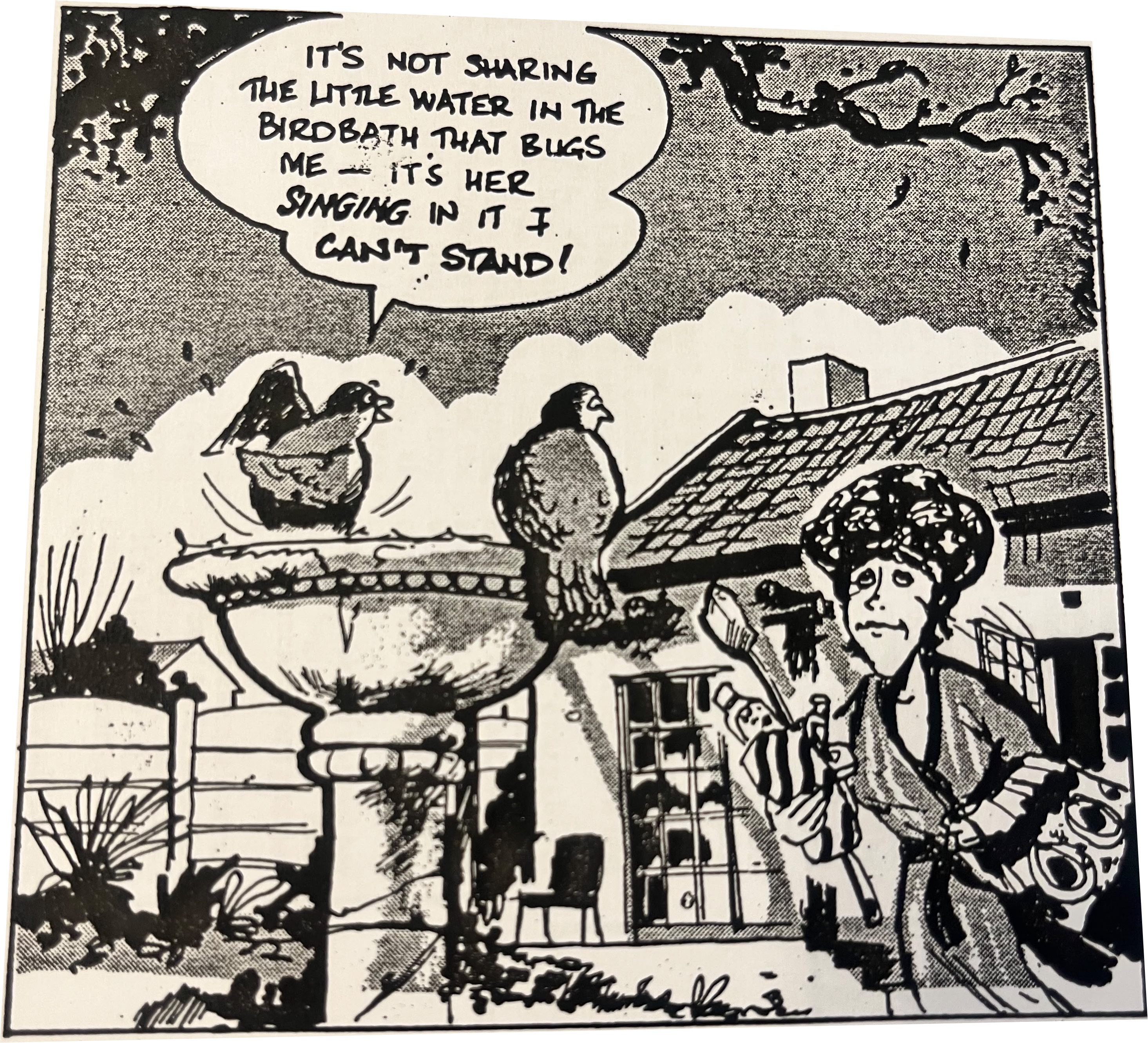 Cartoon accompanying the column: It’s not sharing the little water in the birdbath that bugs me — it’s her singing in it I can’t stand!