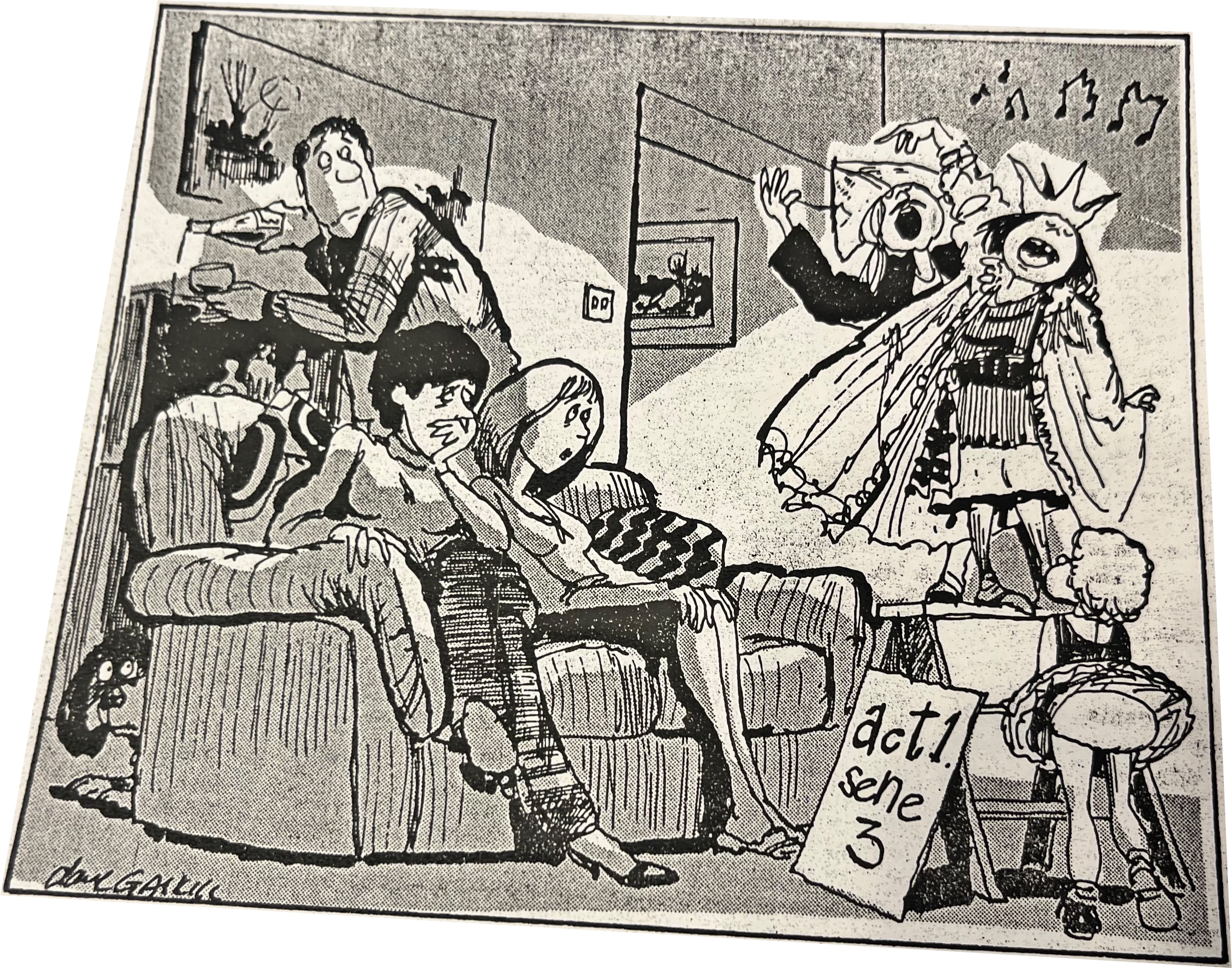 Cartoon accompanying the column: Three girls perform in crowns and capes for their parents and a dog. A sign reads “act 1. sene 3”.