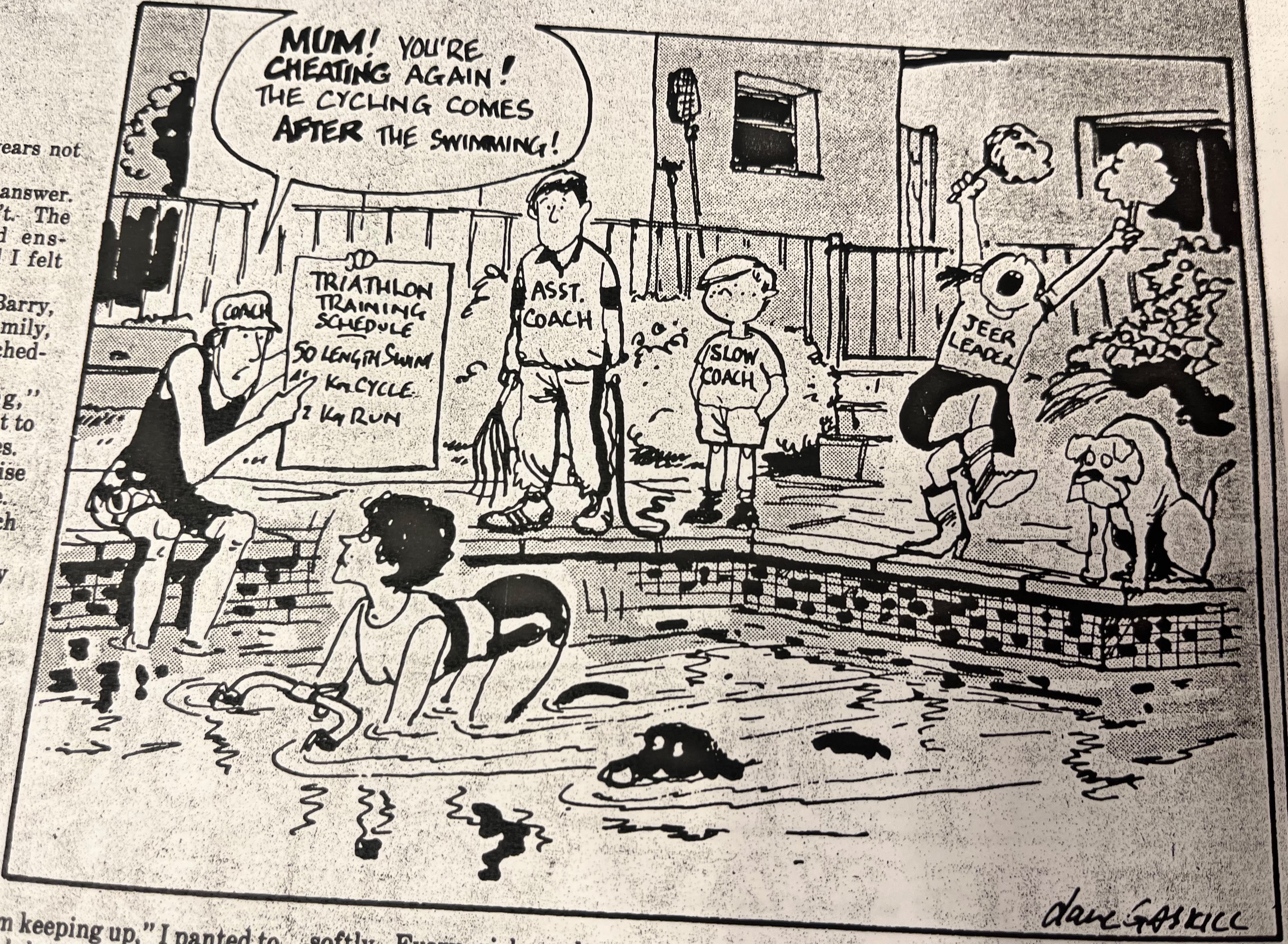 Cartoon accompanying the column: “Mum! You’re cheating again! The cycling comes after the swimming!” Carol rides a bicycle in the pool while her children coach her.