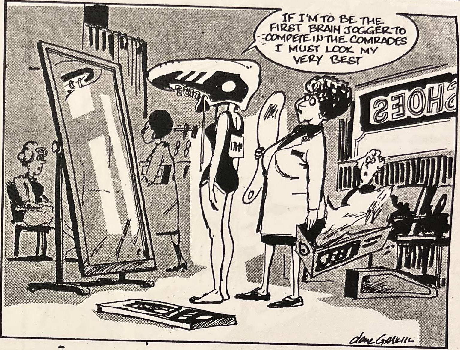 Cartoon accompanying the column: “If I’m to be the first brain jogger to compete in the Comrades I must look my very best.”