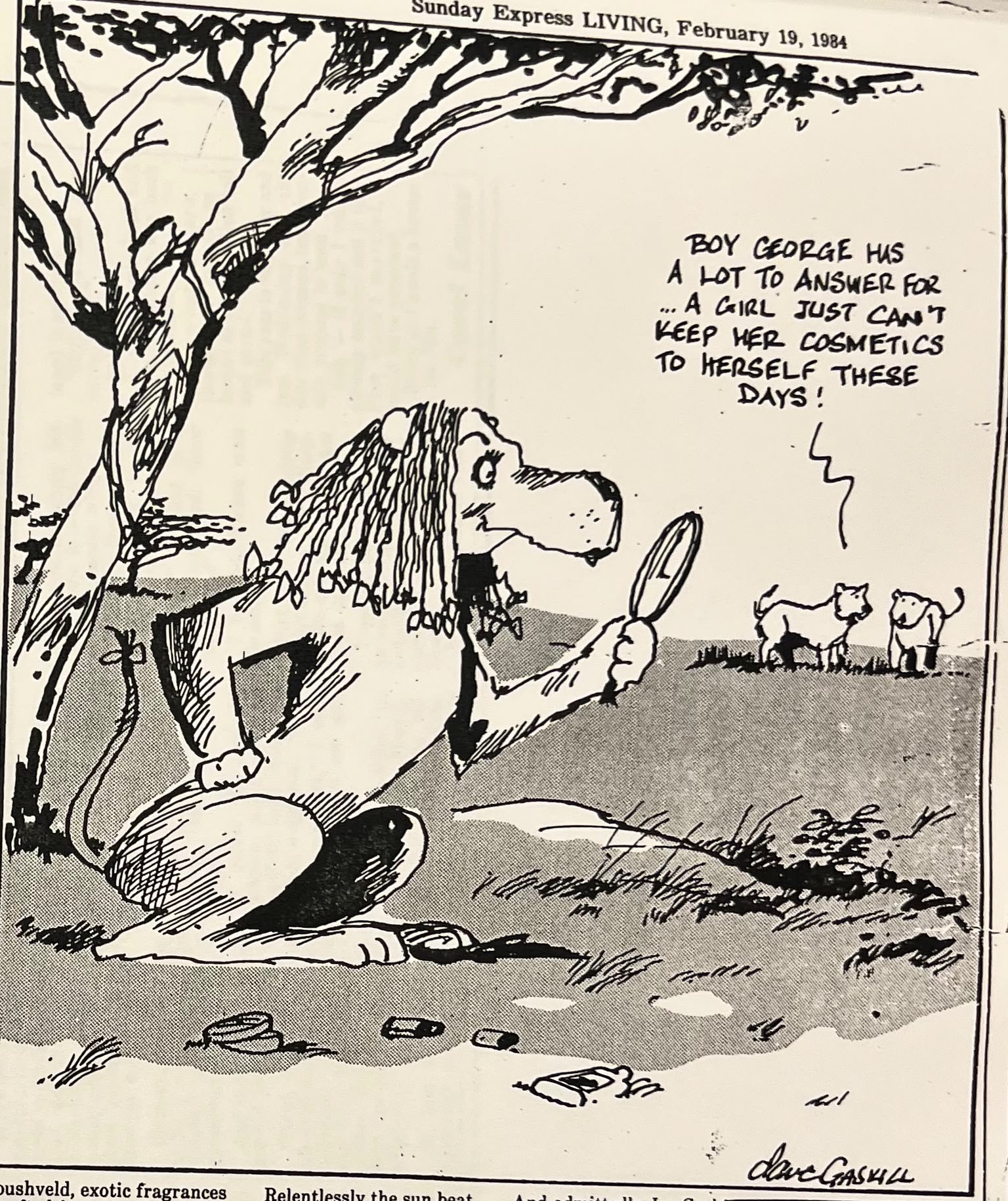 Cartoon accompanying the column: “Boy George has a lot to answer for ... a girl just can’t keep her cosmetics to herself these days!”