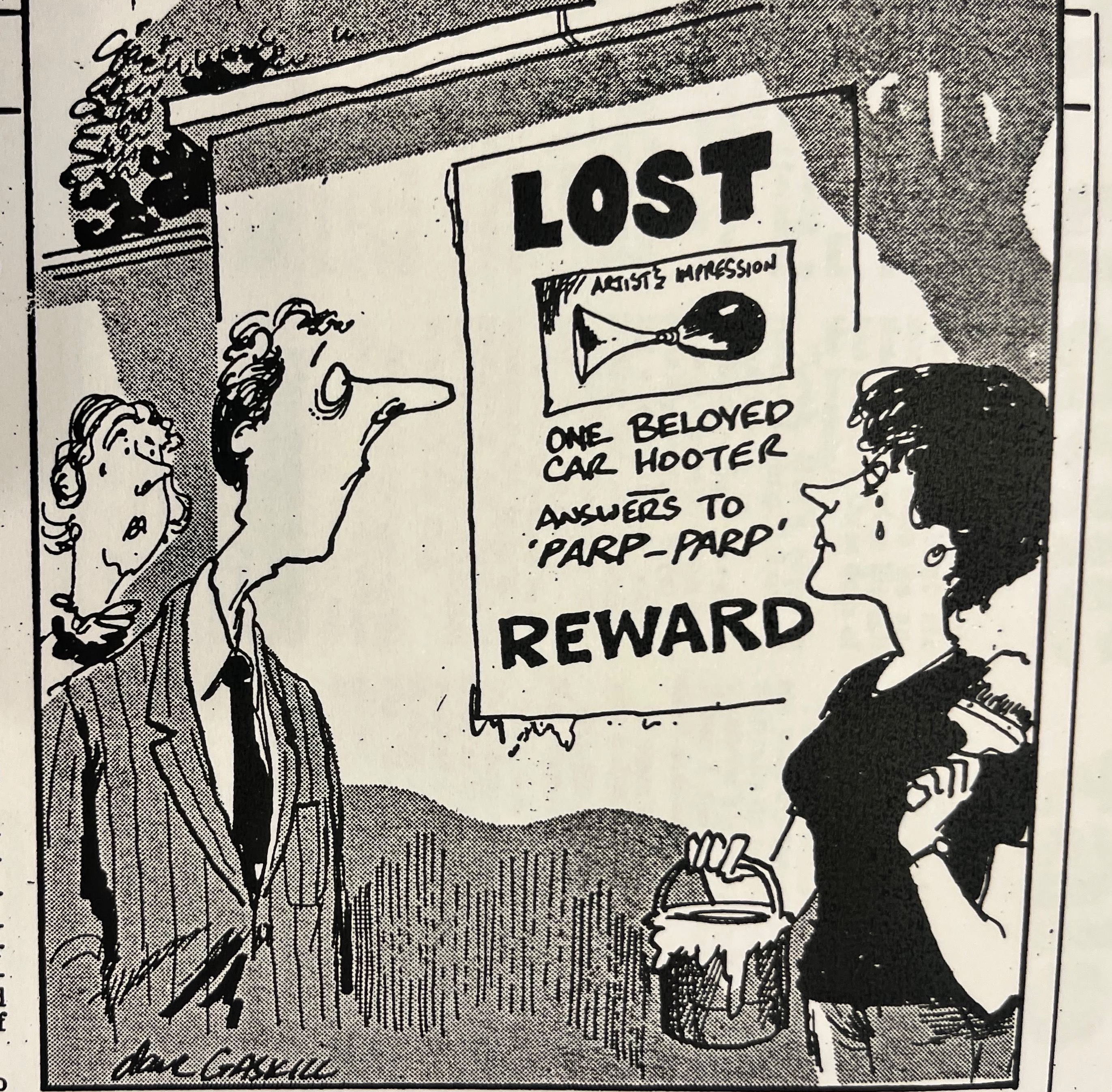 Cartoon accompanying the column: “Lost. One beloved car hooter. Answers to ‘parp-parp’. Reward.”