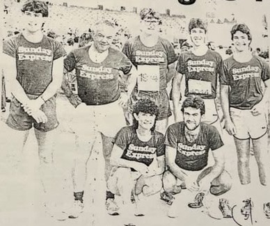 Cartoon accompanying the column: The valiant Sunday Express teams who ran eight kilometres and lived to tell the tale. (Standing, left to right) Barry Lazar, Jackie Botha, Dave Beattle, Ian Maron, Isaac Levy. (Kneeling in exhaustion just before the race) Carol Lazar and Rob Taylor.