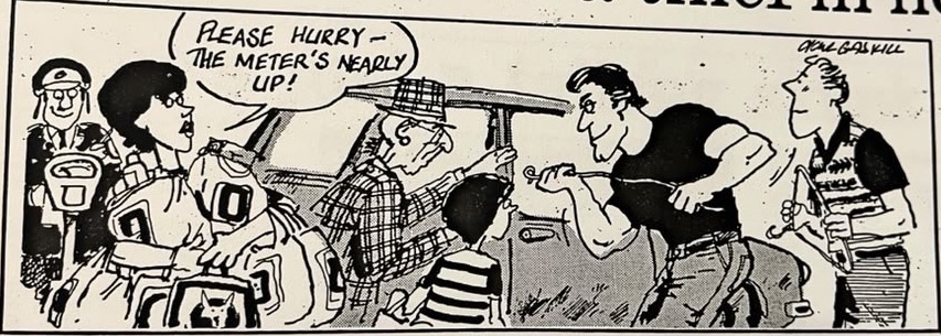Cartoon accompanying the column: “Please hurry, the meter’s nearly up!”