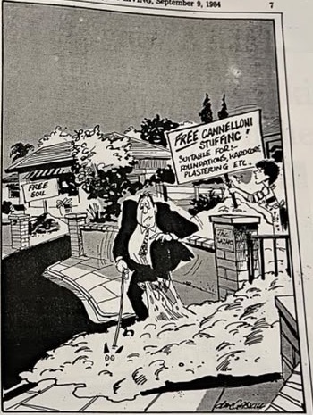 Cartoon accompanying the column: “Free cannelloni stuffing! Suitable for: foundations, hardcore, plastering etc.”