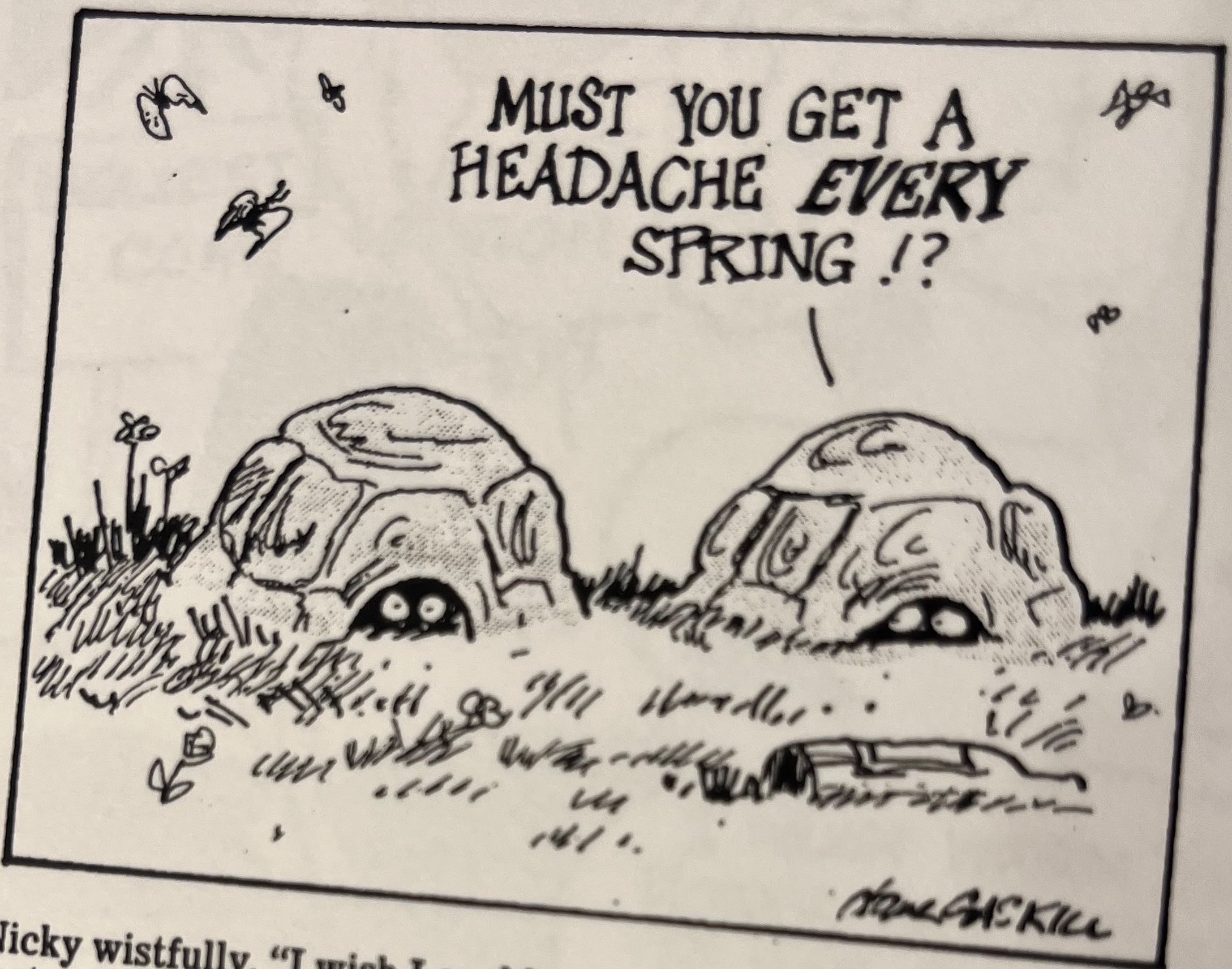 Cartoon accompanying the column: Must you get a headache every spring!?