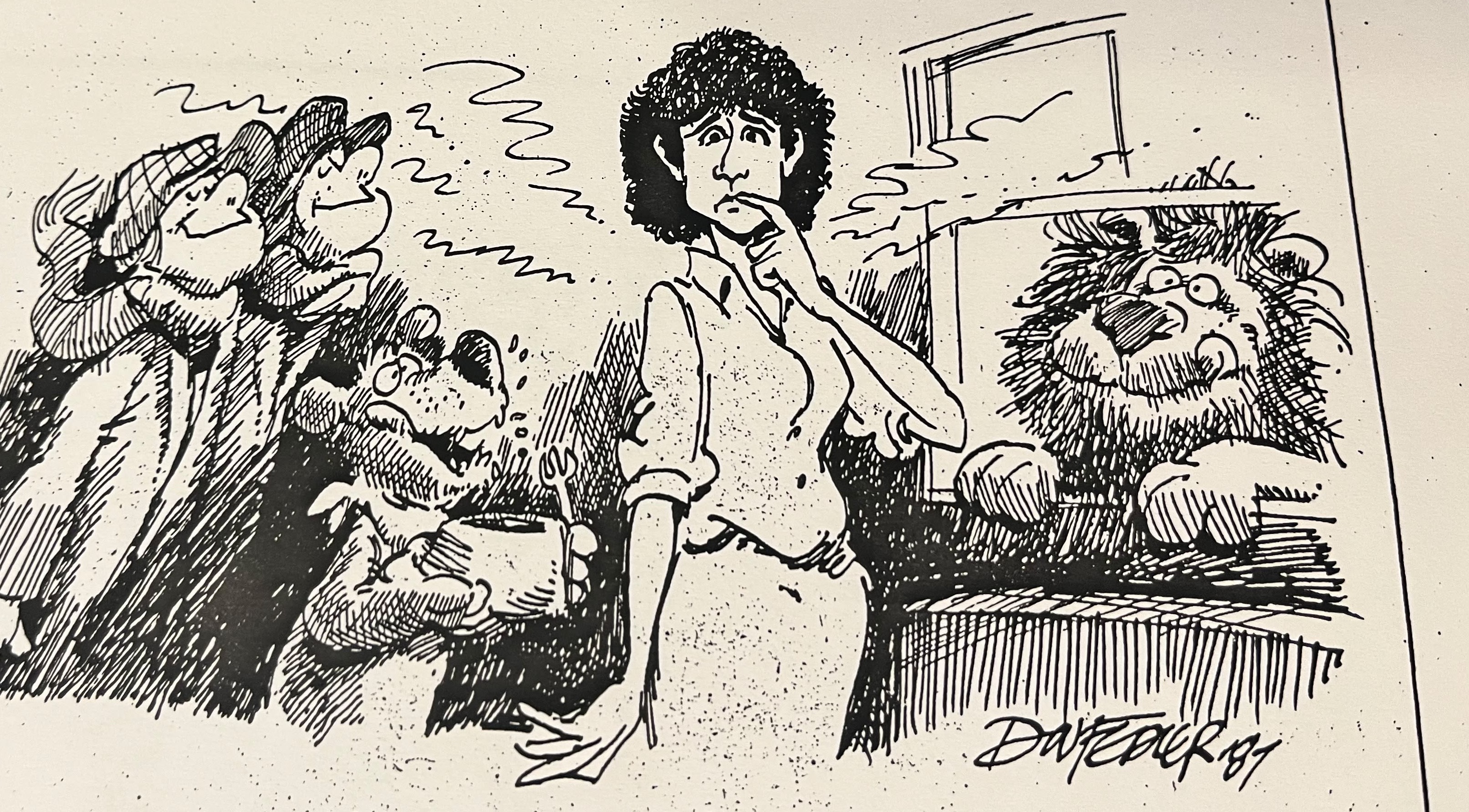 Cartoon accompanying the column: Two men and two dogs sniff the air around Carol.