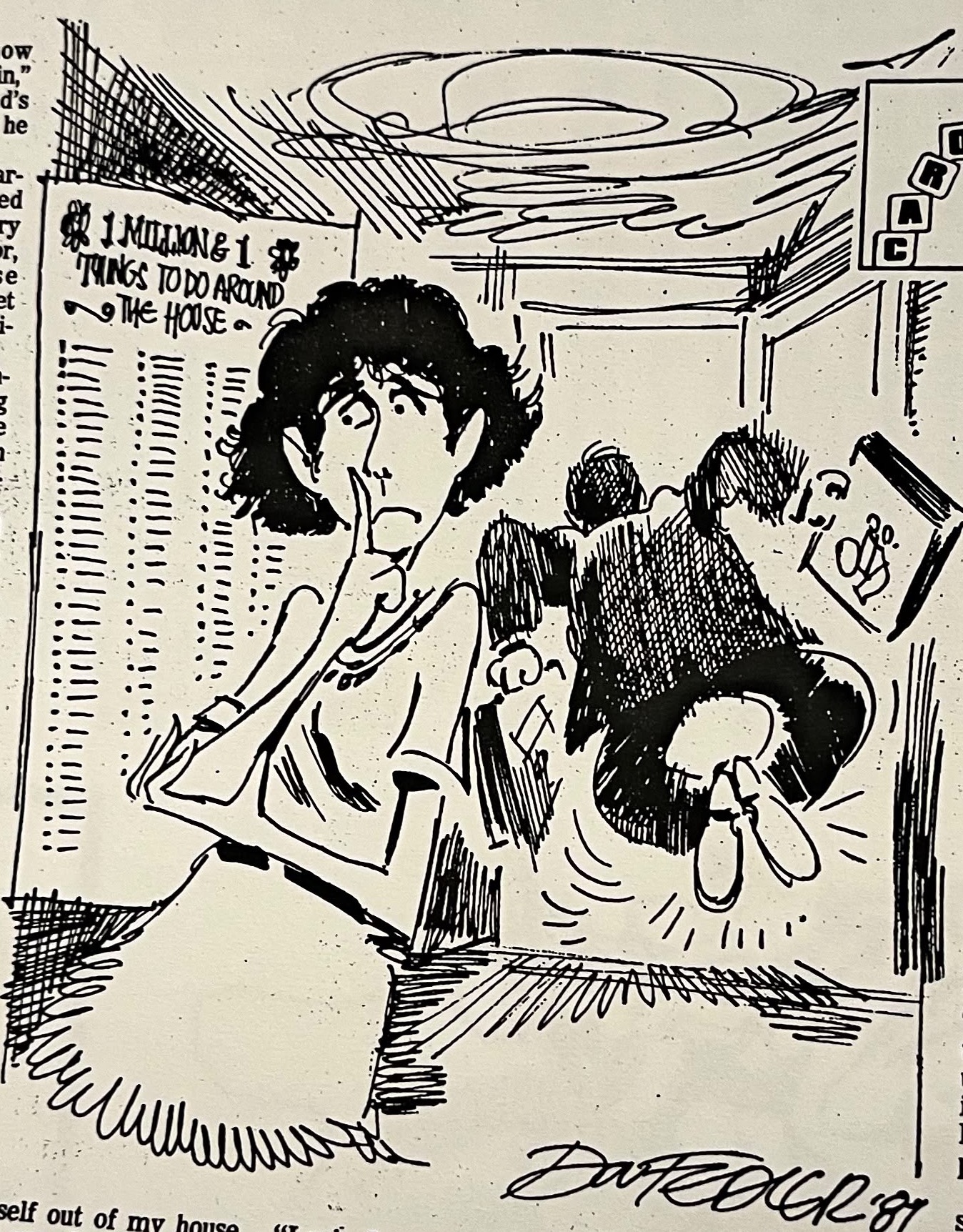 Cartoon accompanying the column: Carol holds the telephone in front of a list headed “1 million & 1 things to do around the house”.