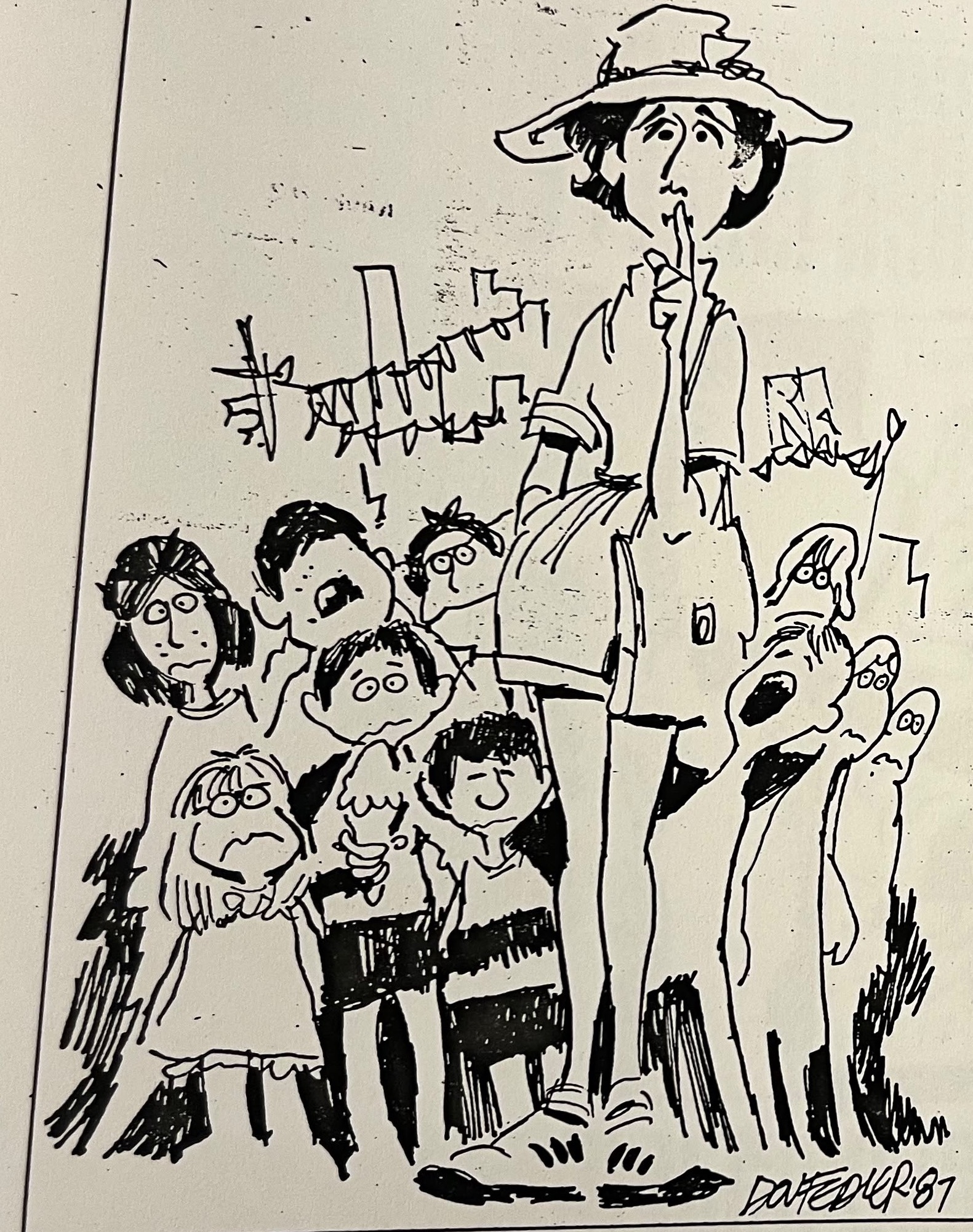 Cartoon accompanying the column: Carol stands with a group of children, holding a finger to her lips.