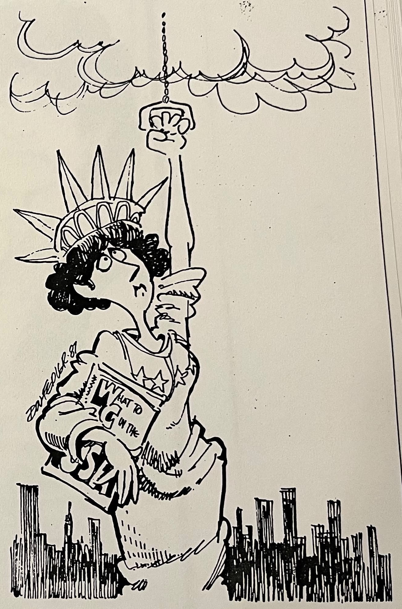 Cartoon accompanying the column: Carol as the Statue of Liberty holds a book headed “What to do with the USA” and pulls a lavatory chain.