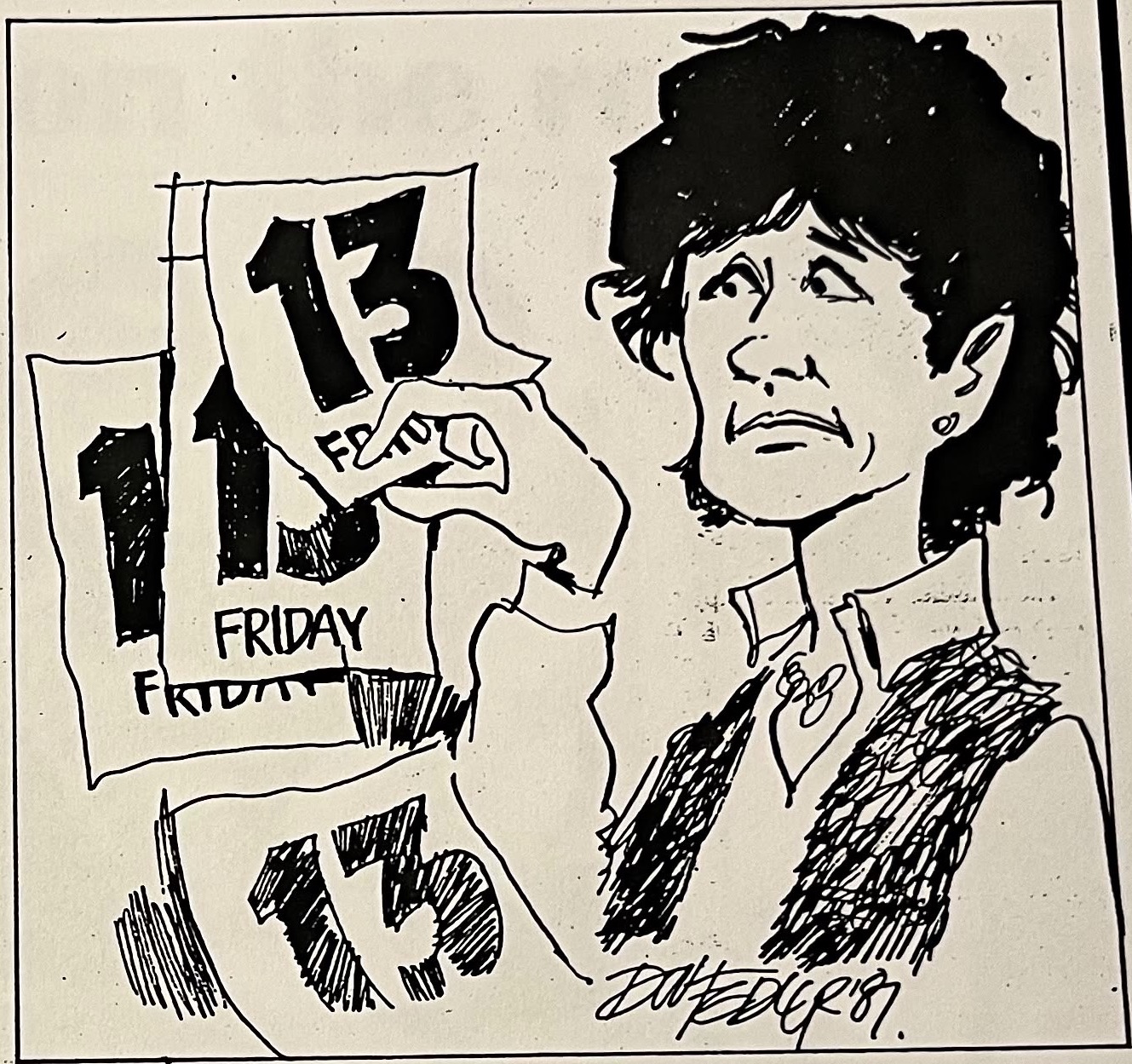 Cartoon accompanying the column: Carol tears Friday the thirteenth off the calendar, revealing another Friday the thirteenth.
