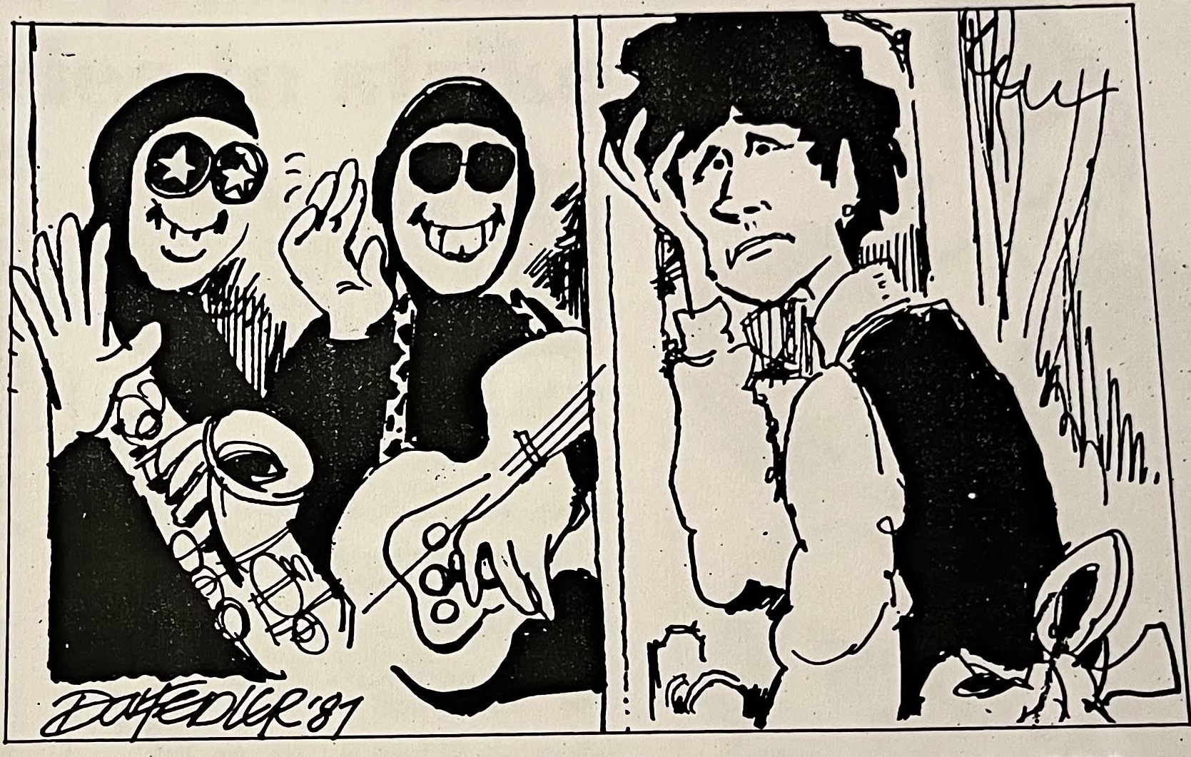 Cartoon accompanying the column: Two musicians grin and wave beside Carol, who holds her head in her hand.