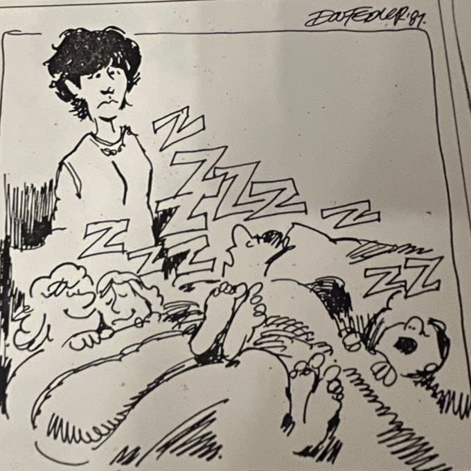Cartoon accompanying the column: Carol standing over a heap of sleeping bodies and one sleeping dog, the Zs rising off them in every direction.