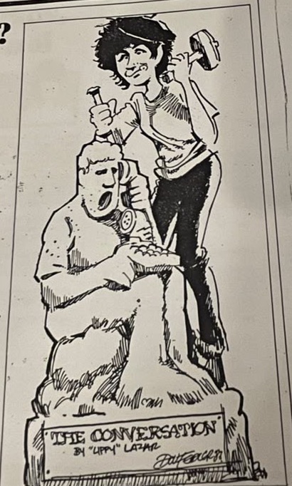 Cartoon accompanying the column: A statue of a boy grown into the telephone, Carol above him with hammer and chisel. The plinth reads "THE CONVERSATION" by "Lippy" Lazar.