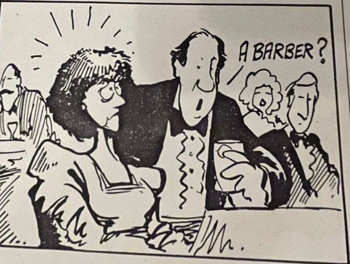 Cartoon accompanying the column: "A BARBER?"