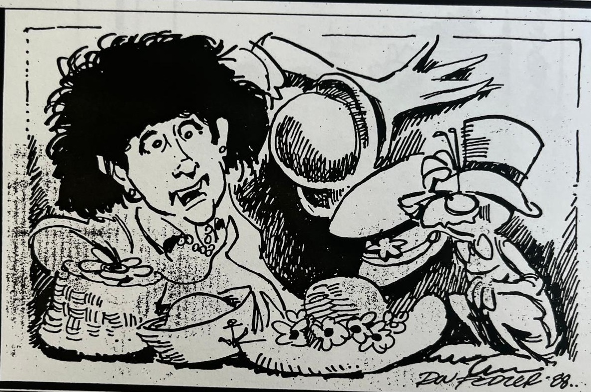 Cartoon accompanying the column: Carol wide-eyed among forty-seven hats, a Parktown prawn beside her in a flowered top hat, holding out a daisy.