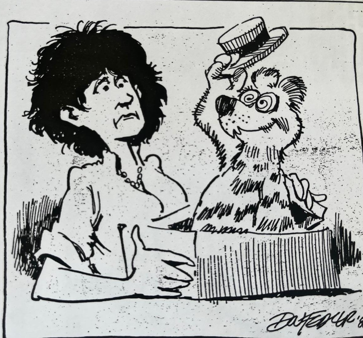 Cartoon accompanying the column: Carol sitting beside Mahoney, a shaggy spiral-eyed hyena in a straw boater and a napkin.