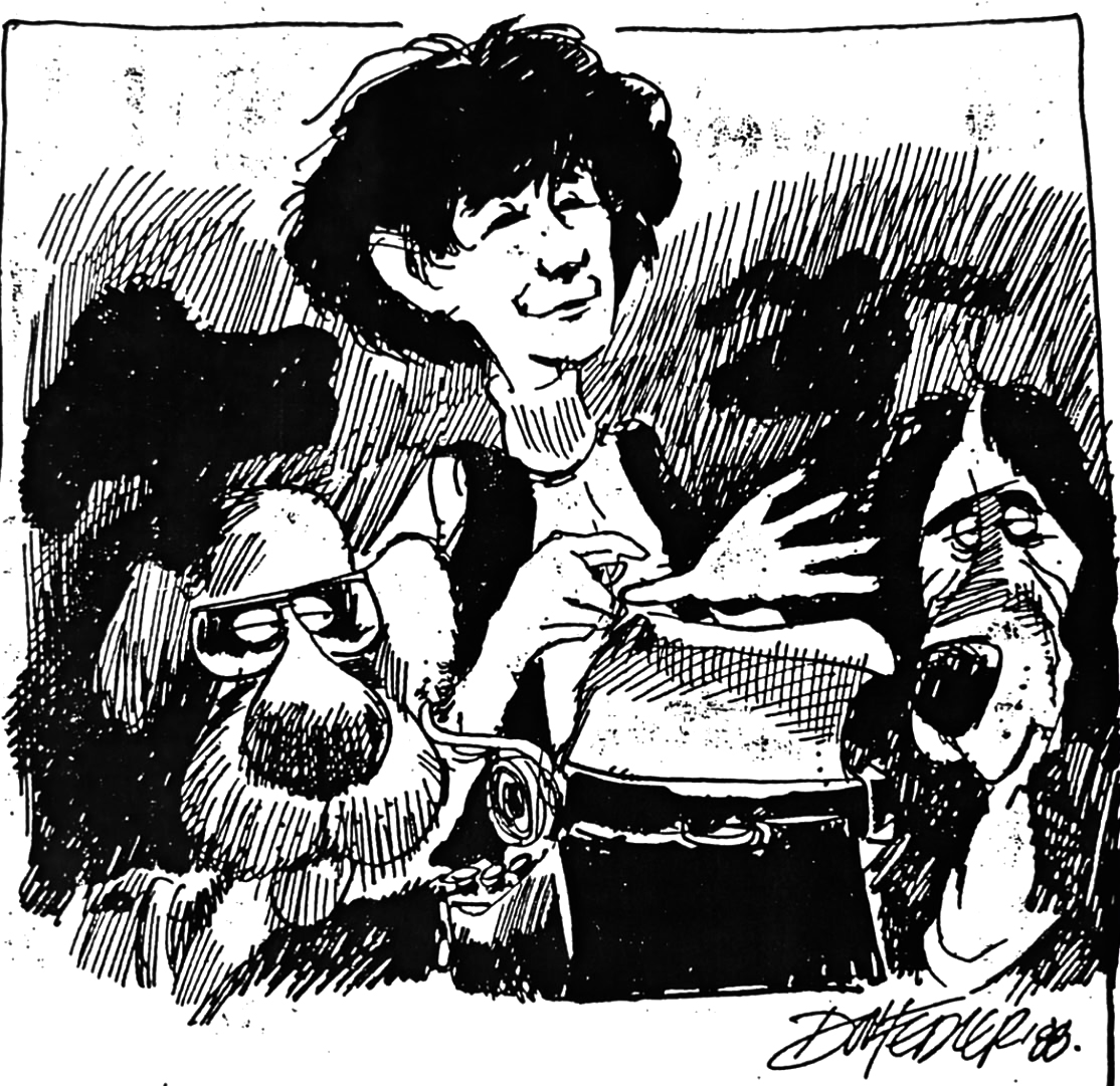Cartoon accompanying the column: Carol between two of the household's pets of distinction; one of them in sunglasses.