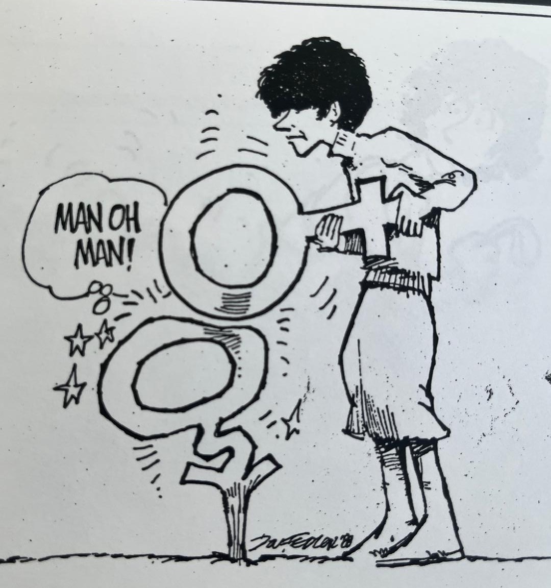 Cartoon accompanying the column: MAN OH MAN!