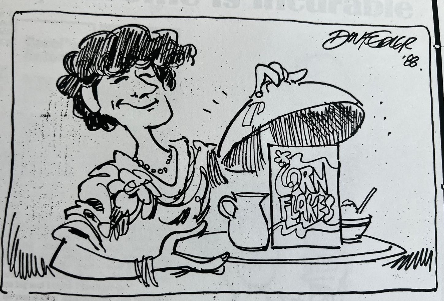 Cartoon accompanying the column: Carol in pearls and a ballgown, tipping a boxful of Corn Flakes across a laid table.