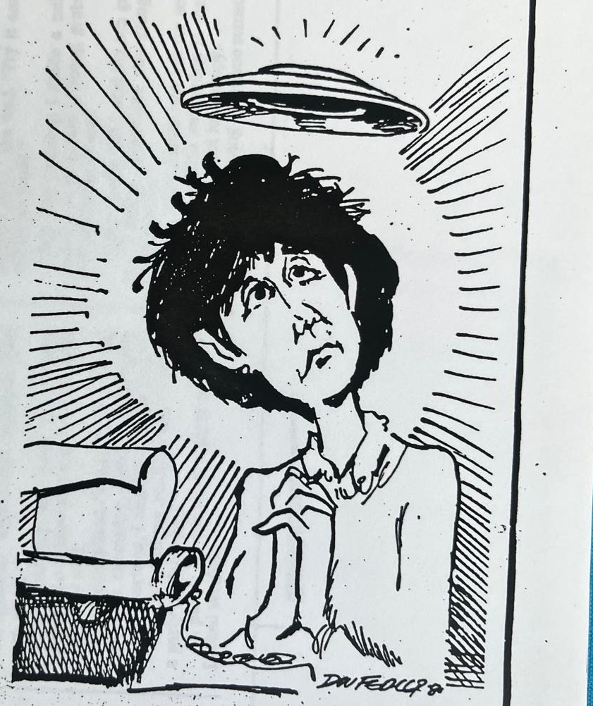 Cartoon accompanying the column: Carol at the wheel, chin on hand, a hubcap hanging over her head like a halo.