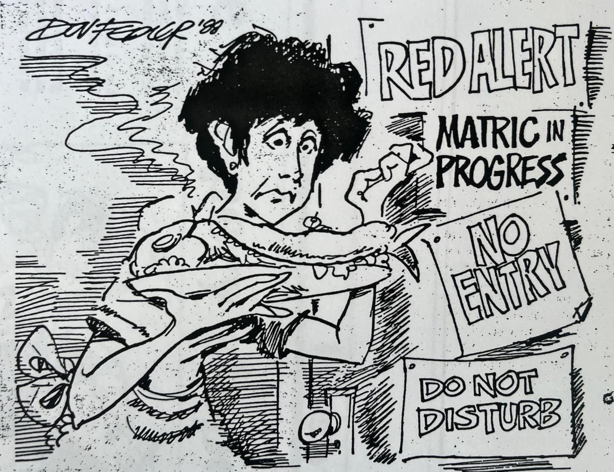 Cartoon accompanying the column: Jamie hunched over his books, hemmed in by signs reading RED ALERT, MATRIC IN PROGRESS, NO ENTRY and DO NOT DISTURB.