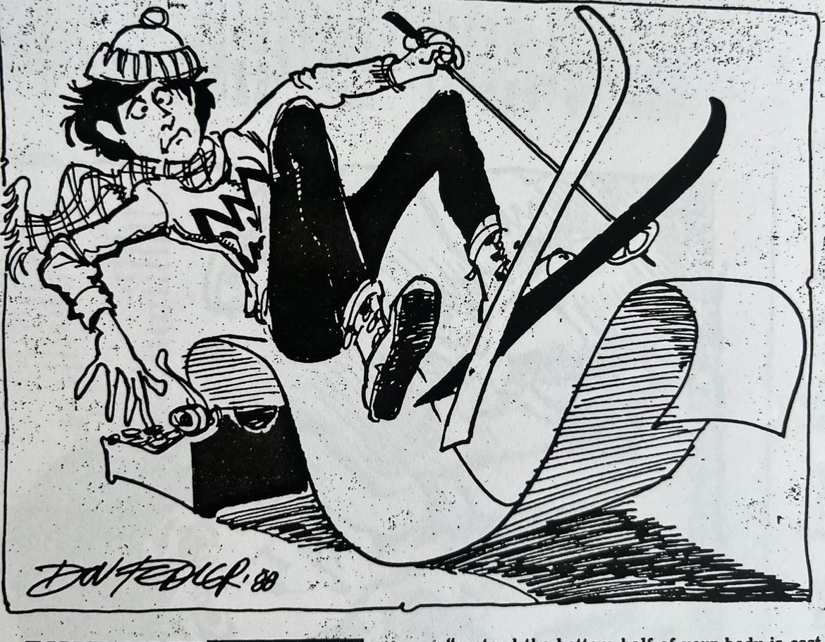 Cartoon accompanying the column: Carol going over backwards on the practice slope, skis in the air and one hand still on the controls.