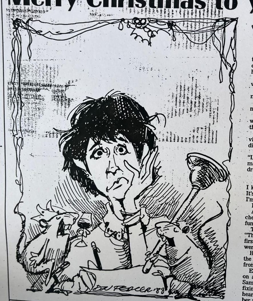 Cartoon accompanying the column: Carol under the Christmas paper chains, hands to her face, flanked by two rats, one of them raising a glass.