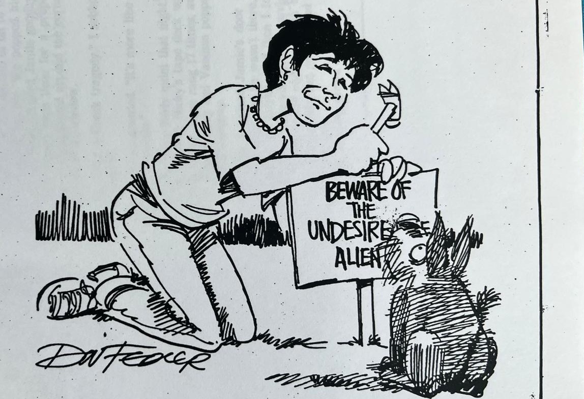 Cartoon accompanying the column: BEWARE OF THE UNDESIRABLE ALIEN
