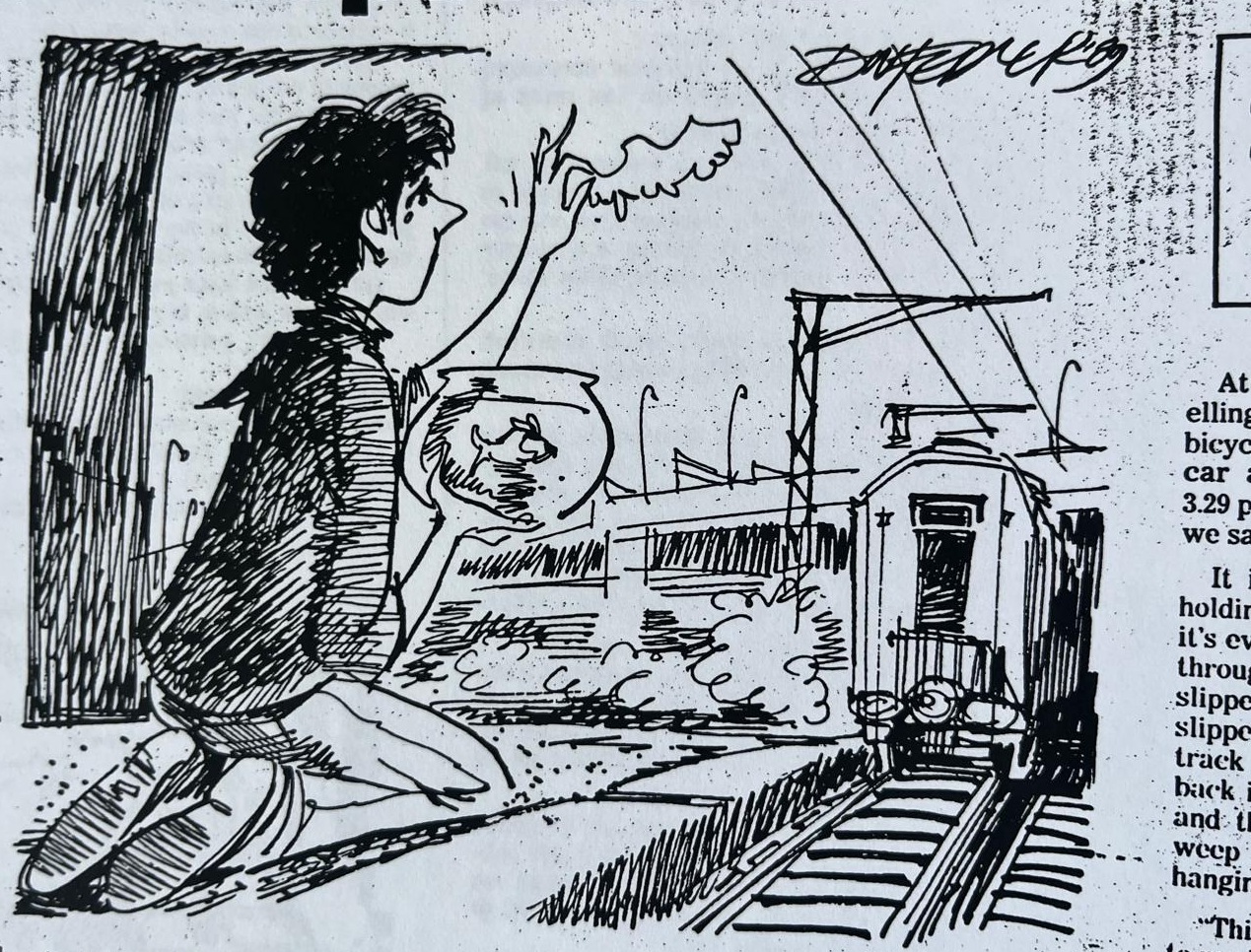 Cartoon accompanying the column: Carol on the platform holding the goldfish bowl, waving as the train pulls out.