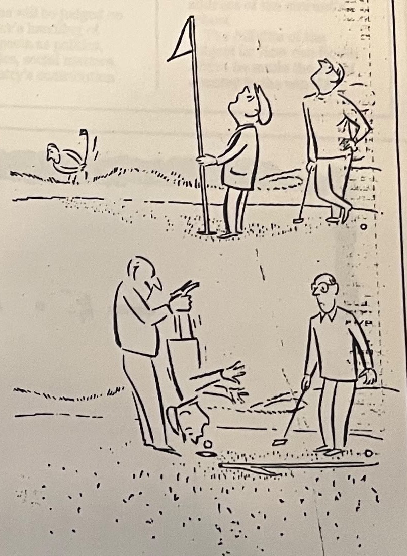 Cartoon accompanying the column: Two pairs greeting one another; uncredited illustration accompanying the column.