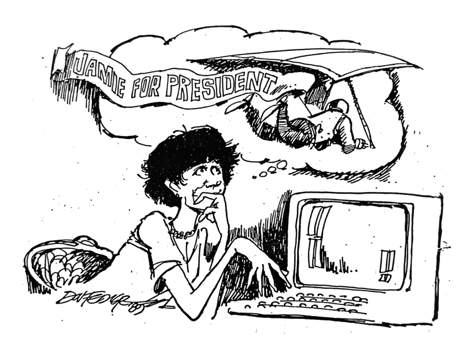 Cartoon accompanying the column: Carol at her keyboard, daydreaming a hang-glider trailing the banner JAMIE FOR PRESIDENT.